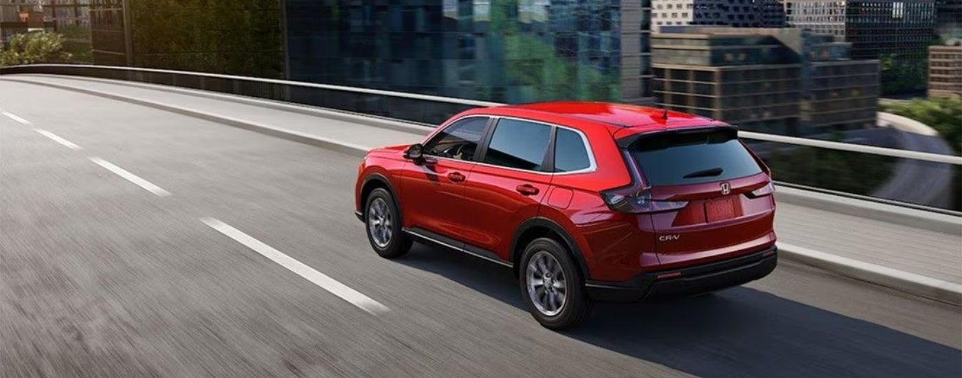 A red 2023 Honda CR-V from the rear at an angle after leaving a dealer that has a used Honda for sale in Enterprise.